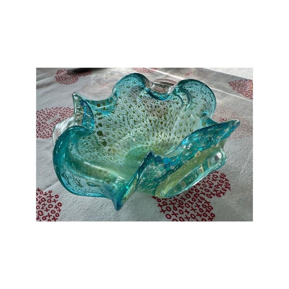 Vtg Murano Bollinato Blue Metallic Gold Fleck Scalloped Art Glass Bowl Ashtray - Picture 14 of 16